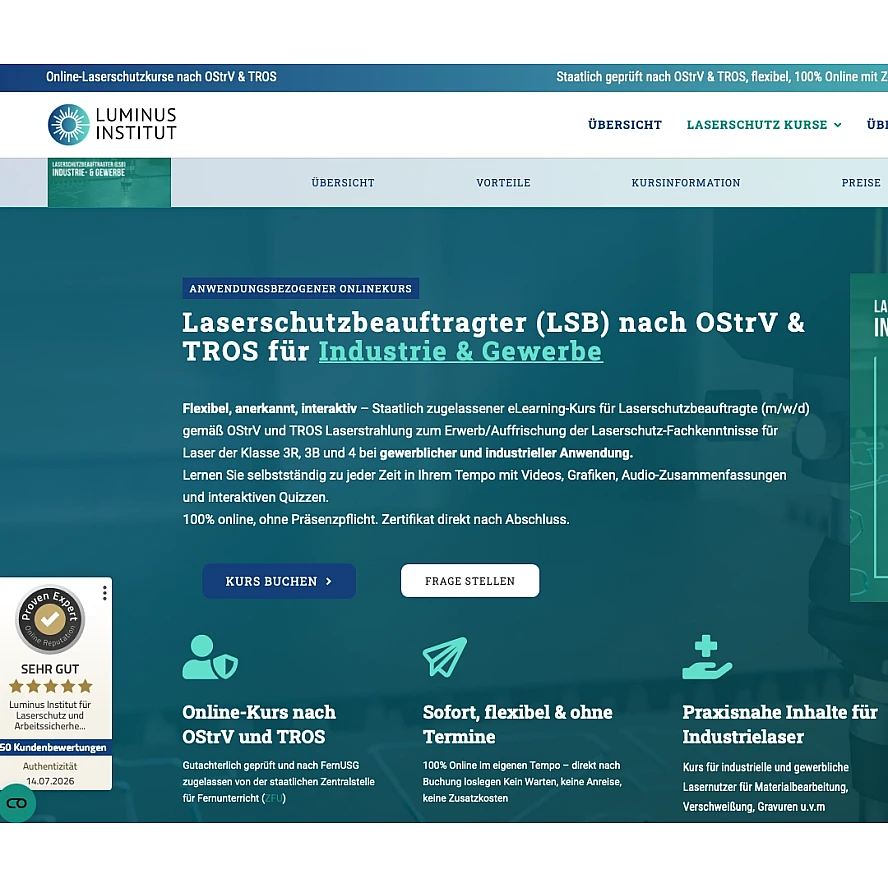 "Online" Zertifizierter Kurs für Laserschutzbeauftragten (LSB)